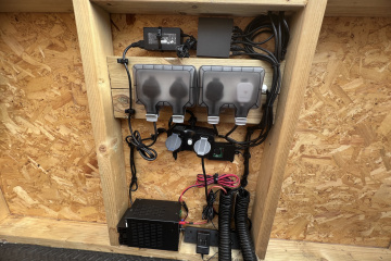 Close up of the power sockets, PoE Ethernet hub and Raspberry Pi mounted nicely